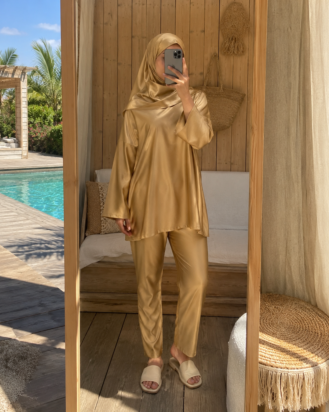 Burkini femme couvrant satine dore RIMAYA, ensemble 3 pieces