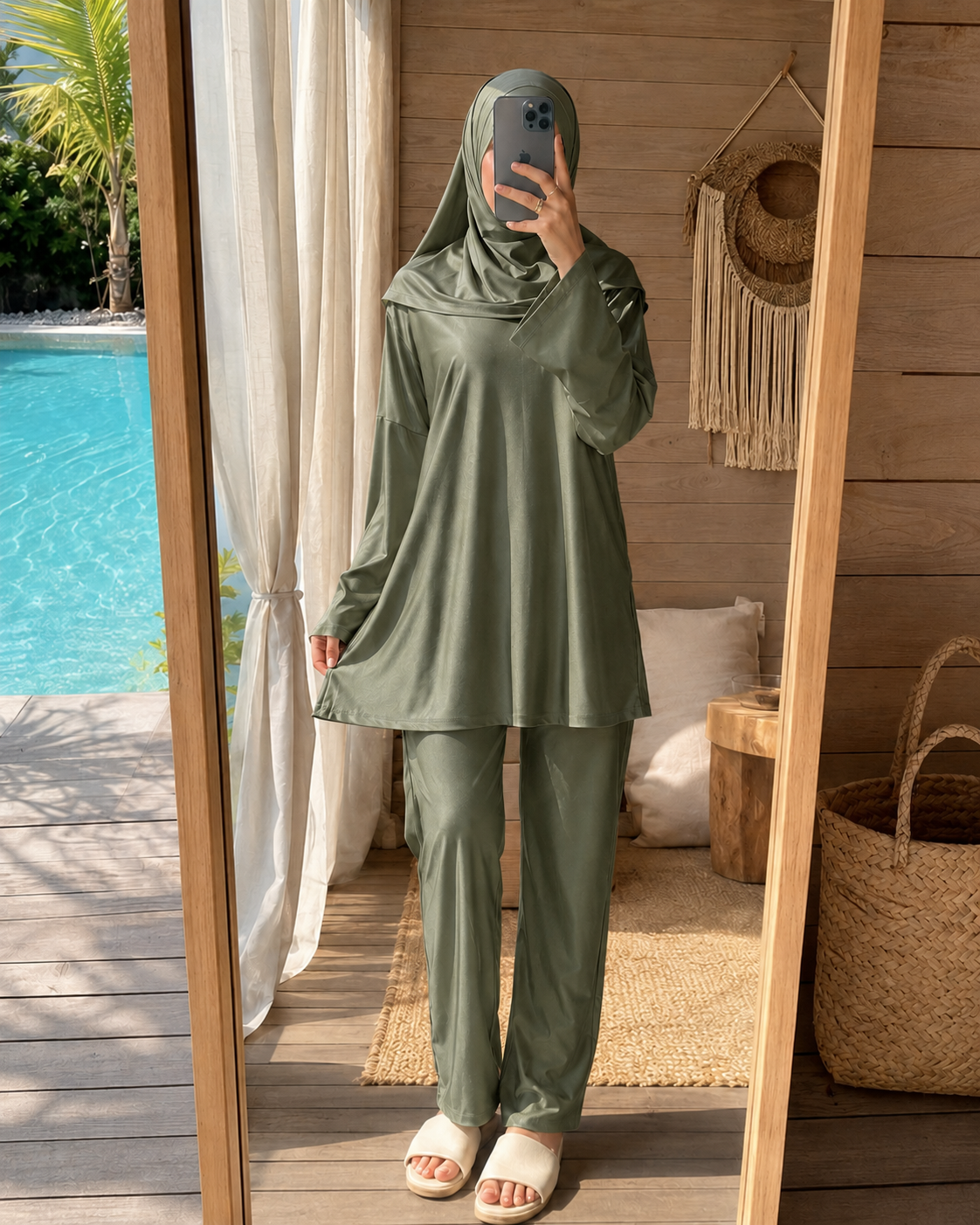 Burkini femme couvrant satine kaki RIMAYA, ensemble 3 pieces
