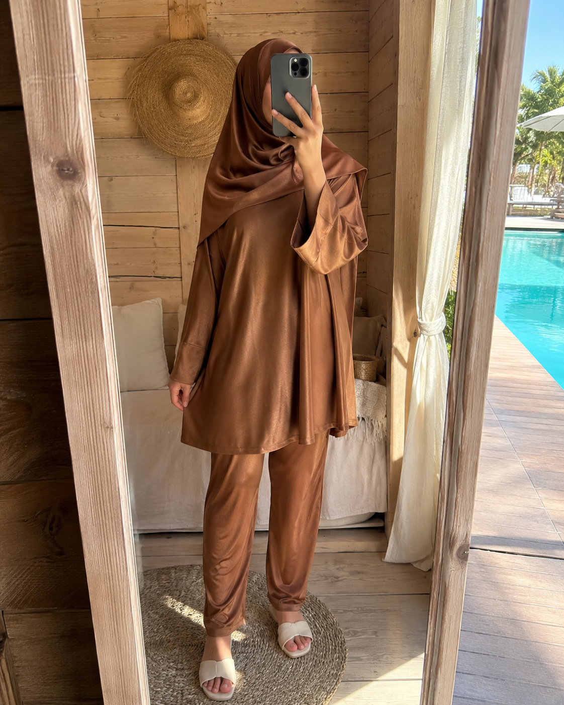 Burkini femme couvrant satine marron RIMAYA, ensemble 3 pieces